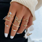 Popxstar Bohemian Butterfly Pearl Rings Set for Women Shine Pearl Gothic Vintage Plated Retro Rhinestone Simple Finger Jewelry Gift