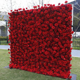 Popxstar 2.4m/8ft Flower Wall 5D Cheap Red Rose Artificial Burgundy Fabric Cloth Roll Up Floral Wall Wedding Party Curtain Backdrop Decor