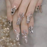 Popxstar 24Pcs Three-dimensional Love Heart False Nails with French Design Long Coffin Wearable Fake Nails Rhinestone Press on Nails Tips