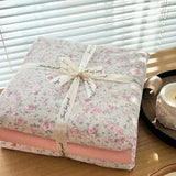 Popxstar  Ins floral print Bedding set knitted cotton Flat sheet set Four pieces duvet cover double layer-yarn 4Pcs lovely Fitted sheet