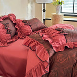 Popxstar Red Rose Bow Lace Edge Design Cotton Bedding Set Duvet Cover Linen Fitted Sheet Pillowcases Home Textile