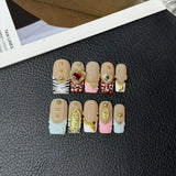 10pcs Sweet Cool Hot Girl Press on Nails 3D Embossed Flower False Nails Broken Diamond Pearl Nail Art French Square Fake Nails