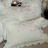 Popxstar  lily of the valley Embroidery Ruffles Princess Bedding Set Velvet Warm Winter Duvet Cover Flat/Fitted Bed Sheet Pillowcases 4Pcs