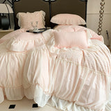 Popxstar Pink Romantic French Princess Bedding Set, Soft Cozy Queen Size, Pleat Lace Ruffles, Duvet Cover Set, Bed Sheet, Pillowcase,