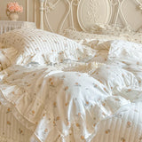 Popxstar  Floral Lace Ruffles 100% Cotton Double Yarn Soft Bedding Set Duvet Cover Quilted Bedspread Bed Skirt Bed Sheet Set Pillowcases