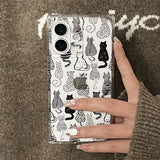 Cartoon Sketch Cats Pattern Right Angled Edge Case For iPhone 17 16 15 13 14 12 Pro Max Clear Phone Back Cover