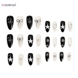 Popxstar  Y2K Fake Nails Black Almond Press on Nails Silver Love Heart Five-pointed Star Bowknot Designs Wearable Manicure for Woman 24Pcs