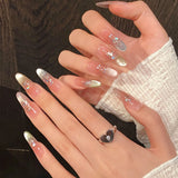Popxstar 10Pcs Reuse Finished Fake Nails with Butterfly Deisgn Pink Cat's Eye French Handmade Press on False Nails Wearable Nail Art Tips