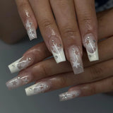 Popxstar 24Pcs Short Ballet False Nails with Bow Design White French Press on Nails Wearable Square Head Full Cover Fake Nail Manicure
