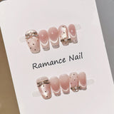 Popxstar  10Pcs Handmade Press On Nails Nude Pink Color Ballet Fake Nails Glossy Cat's Eyes Designs Full Cover False Nails Bowknot Decor
