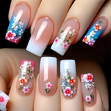 Popxstar 24pcs Glitter Short Square Fake Nails Sets Rhinestones French Design False Nail Tips Reusable Pink Press on Nails Tips Manicure