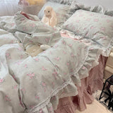Popxstar  3/4Pcs Korean Princess Style Floral Lace Ruffle 100% Cotton Bedding Set Duvet Cover Bed Skirt/Bed Sheet/Fitted Sheet Pillowcases