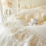 Popxstar  Romantic Lace Ruffles Handmade Beads Velvet Winter Warm Thickened Princess Bedding Set Duvet Cover Bed Skirt Pillowcases 4Pcs