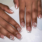 Popxstar 24Pcs Short Ballet False Nails with Bow Design White French Press on Nails Wearable Square Head Full Cover Fake Nail Manicure