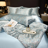 Natural Silk Bedlinens Bedding Set Nordic Flower Printed Duvet Cover Set Couple Double King Queen Size Soft Bed Sheet Pillowcase
