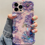 Retro Oil Painting Phone Case For IPhone 16 15 14 13 12 11 Pro Max Luxury Laser Oil Painting Flowers Print Shockproof Cover
