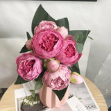 Popxstar 30cm Rose Pink Silk Bouquet Peony Artificial Flowers 5 Big Heads 4 Small Bud Bride Wedding Home Decoration Fake Flowers Faux