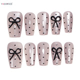 popxstar 10Pcs Nude Color Handmade Press On Nails Black Dot Bowknot Designs Short Square Fake Nails Shiny Cat' Eyes Wearable False Nails
