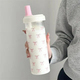 500/850ML Pink Bow Straw Water Bottle With Lid Cute Coffee Bubble Milk Tea Plastic Cup For Outdoor School Drinking Water Bottles