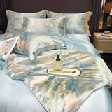 Natural Silk Bedlinens Bedding Set Nordic Flower Printed Duvet Cover Set Couple Double King Queen Size Soft Bed Sheet Pillowcase