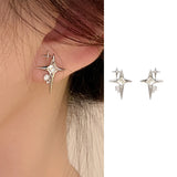 Popxstar Fashion Silver Color Cross Star Zircon Stud Earrings for Women Girl Korean Four-Pointed Star Personality Earring Jewellery