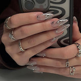 Popxstar 24Pcs Solid Color Grey Almond Fake Nail Cat's Eye Design Wearable Round Head False Nails with Shiny Powder Press on Nails