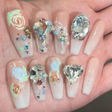 Popxstar  10pcs Long Ballet Handmade False Nails Tips Summer Day Purple Cat's Eye Fake Nail Sets Flower Coffin Reusable Press on Nails Art