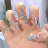 Popxstar 24Pcs Three-dimensional Love Heart False Nails with French Design Long Coffin Wearable Fake Nails Rhinestone Press on Nails Tips
