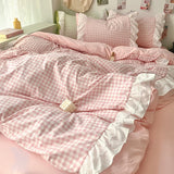 Popxstar Korean Princess Style Lattice Double Layer Lace Bedding Set Soft Quilt Cover Plaid Style Duvet Covers Set Bed Sheet Pillowcases
