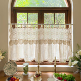 Rustic Cutout Lace Splicing Curtain with Tab Top Imitation Hemp Vintage Farmhouse Curtain Kitchen Window Half Curtain