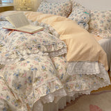 Popxstar  4Pcs Vintage French Fresh Floral Lace Ruffles 100% Cotton Bedding Set Duvet Cover Bed Skirt/Bed Sheet/Fitted Sheet Pillowcases