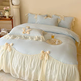 Popxstar French Princess Style Bedding Sets Ruffle Lace Bow Quilt Cover Romantic Wedding Bedclothes Decor Woman Girls Bedroom Duvet Cover