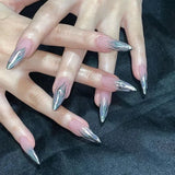 Popxstar 24pcs Silver Almond False Nails Oval Decorated Cloud Milk Wearable Fake Nails Short Press On Nail Coffin Detachable French Tips