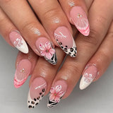 Popxstar  24pcs Long Almond Fake Nails Tips Leopard Print Design French False Nail Art Ins Flower Pink Press on Nails Finished Manicure