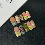 10pcs Sweet Cool Hot Girl Press on Nails 3D Embossed Flower False Nails Broken Diamond Pearl Nail Art French Square Fake Nails