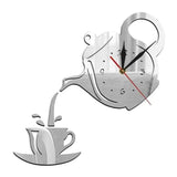 Popxstar  3D DIY Teapot Shape Wall Clock Acrylic Mirror Clock Modern Kitchen Home Decor Wall Sticker Hollow Digital Clock watch home clock