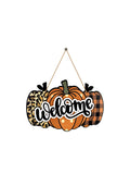 Popxstar 1pc 11*7.28inch Autumn Leopard Print Pumpkin Door Sign, Welcome Pumpkin Wooden Sign , Wall Decor, Home Decor, Room Decor