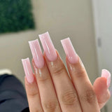 Popxstar 24pcs Simple Solid Color Design False Nails Art Pink Long Square Press on Nails Tips Coffin Fake Nail Datachable Manicure Sets