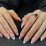Popxstar 24pcs Simple Long Fake Nails Press on White French Almond False Nails Tips Pearl Bow Design Full Cover Nail Datachable Manicure