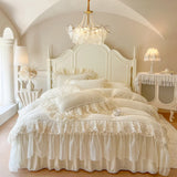 Popxstar  Romantic Lace Ruffles Handmade Beads Velvet Winter Warm Thickened Princess Bedding Set Duvet Cover Bed Skirt Pillowcases 4Pcs