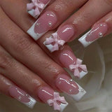 popxstar 24Pcs Pink French Style Fake Nails 3D Bowknot Designs Short Square Press on Nails Sweet Korean Fashion False Nail for Women Girl