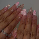 Popxstar 24pcs Short Almond Wearable False Nail Tips Lines Bow Rhinestones Design Fake Nail Art Cute Pink Love Pearl Press on Nails Set