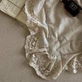 Popxstar  88% Cotton and 12% Linen Jacquard Vintage Hollow Lace Edge Summer Quilt Air Condition Thin Comforter Lightweight Blanket 1/4Pcs