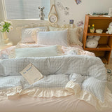 Popxstar Korean Princess Style Bedding Set Soft Skin-friendly Lattice Lace Ruffles Quilt Cover Plaid Style Duvet Covers Set Pillowcases