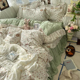 Popxstar 3/4Pcs Korean Princess Style Floral Ruffles Bedding Set Skin-friendly Soft Duvet Cover Set Bed Sheet Or Bed Skirt Pillowcases
