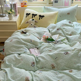 Popxstar  Cartoon Bedding Set Ins Korean Towel Embroidery Bed Linen Flat Sheets Set 2 Pillowcases Twin Double Queen Size Duvet Cover Set