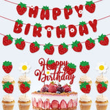 Popxstar Strawberry Happy Birthday Cake Flags Strawberry Banner Cupcake Topper Fruit Kids Sweety Party Cake Baking DIY Party Decoration