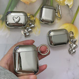 Popxstar  Electroplated Silver Soft TPU Case For AirPods 4 3 Pro 2 1 Mirror Plating Earphone Protective Cover Heart Keychain Accessories