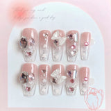 Popxstar Blush Pink False Nails Bowknot Diamond Pearl 3D Design Press on Nail Tips with Harmless Smooth Edge Nails Woman DIY Fake Nails