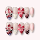 24pcs Red Cat Eye Press on Nails Pearl Heart Stick on Nails Bow French Fake Nails Sweet Cute Flower Nail Almond 3D False Nail